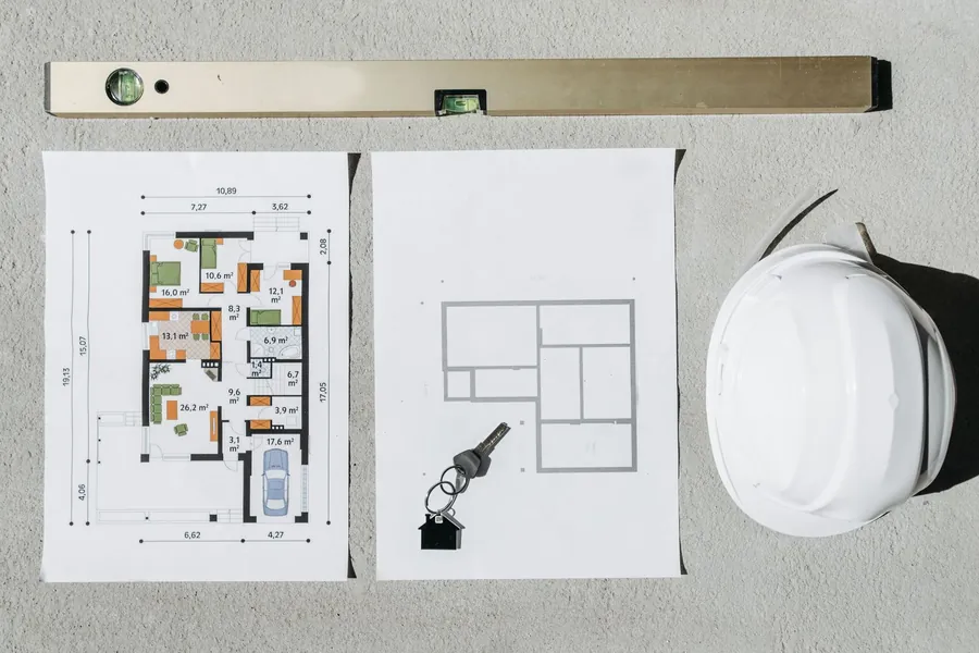 Building plans, spirit level and hard hat laid out for a calculated roof fixing specification in Southport