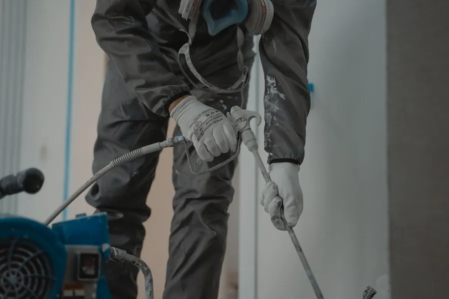 A contractor in protective gear operating a spray gun indoors
