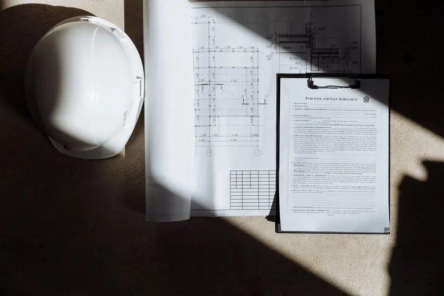 Construction paperwork and a hard hat, the documentation behind a scaffolding licence application