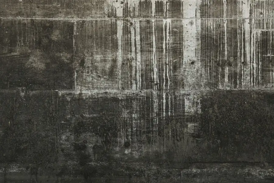 Pale streaks and drip stains running down a weathered wall, similar to the white run-off from untreated new lead