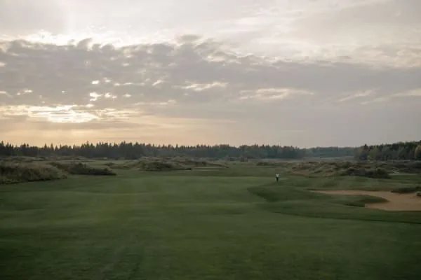 Links golf fairways running through coastal dunes at dusk, the landscape Royal Birkdale is famous for