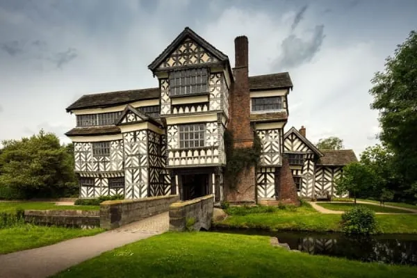 A black and white timber-framed Tudor hall of the kind preserved at Rufford Old Hall