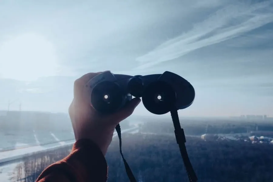 Using binoculars to check a roof from ground level without climbing