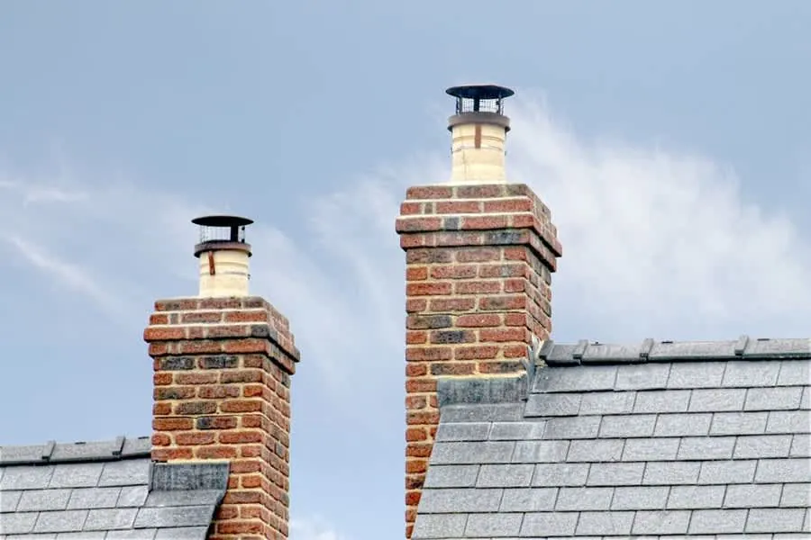 Two brick chimney stacks with capped pots against a bright sky
