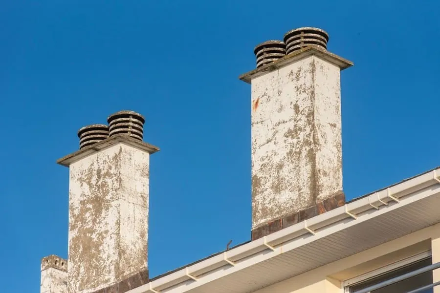 Close view of two rendered chimney stacks and pots against a clear sky