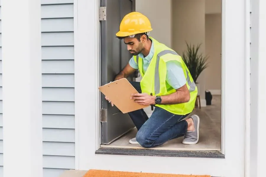 Property inspector in high-visibility gear and hard hat carrying out an interior housing inspection