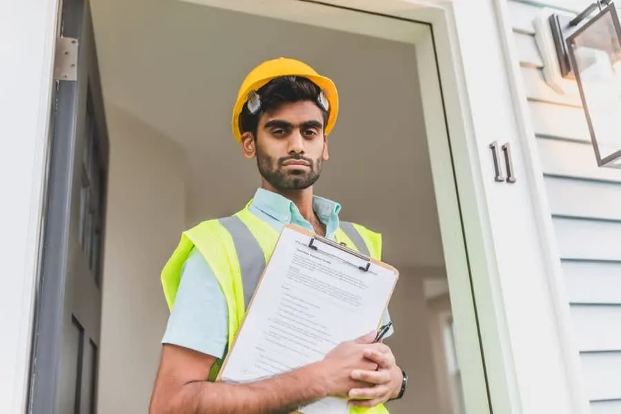 A surveyor in a hard hat and hi-vis with a clipboard inspecting a house exterior