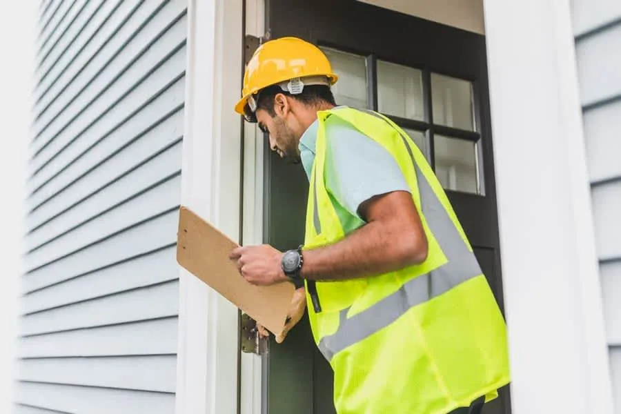 Surveyor with a clipboard carrying out an exterior property inspection